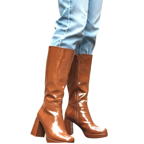 Top Moda 11 Brown Paten Leather Women's Knee Length Riding Boots Shoes 4 In Heel - Picture 1 of 8